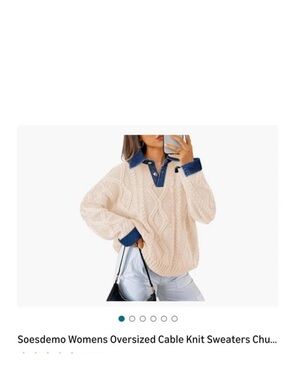 Chunky Cream Cable V-Neck Sweater with Blue Collar